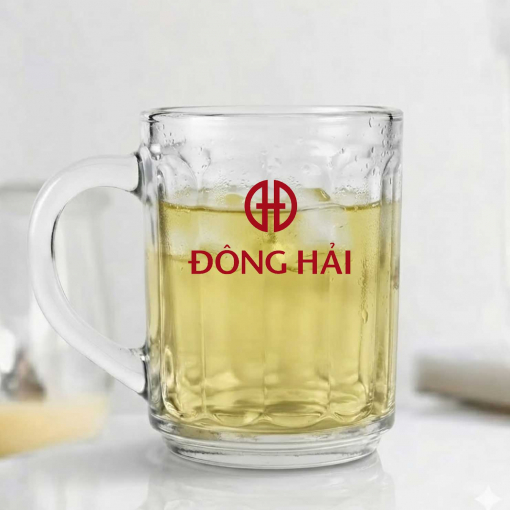 Ly quai thủy tinh sọc in  logo và nội dung theo yêu cầu dung tích 240ml