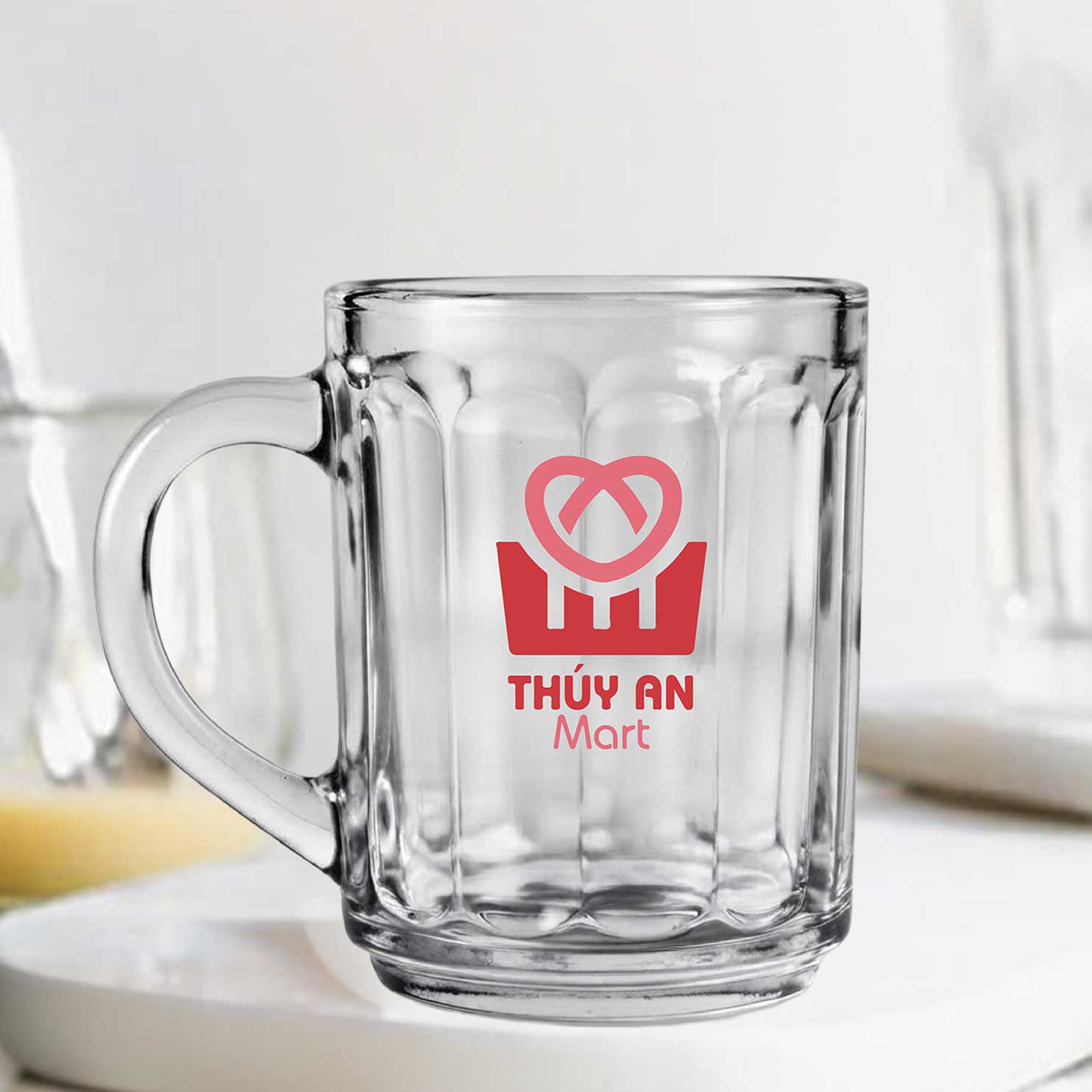 Ly thủy tinh quai sọc 240ml dùng làm quà tặng và in logo theo yêu cầu