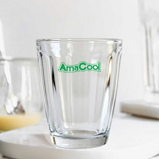 Ly thủy tinh bầu có sọc 260ml in logo và nội dung theo yêu cầu