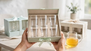 Chọn ly thủy tinh làm quà tặng theo ngân sách với bộ ly thủy tinh trong suốt trong hộp quà thắt nơ trên bàn ăn sáng hiện đại