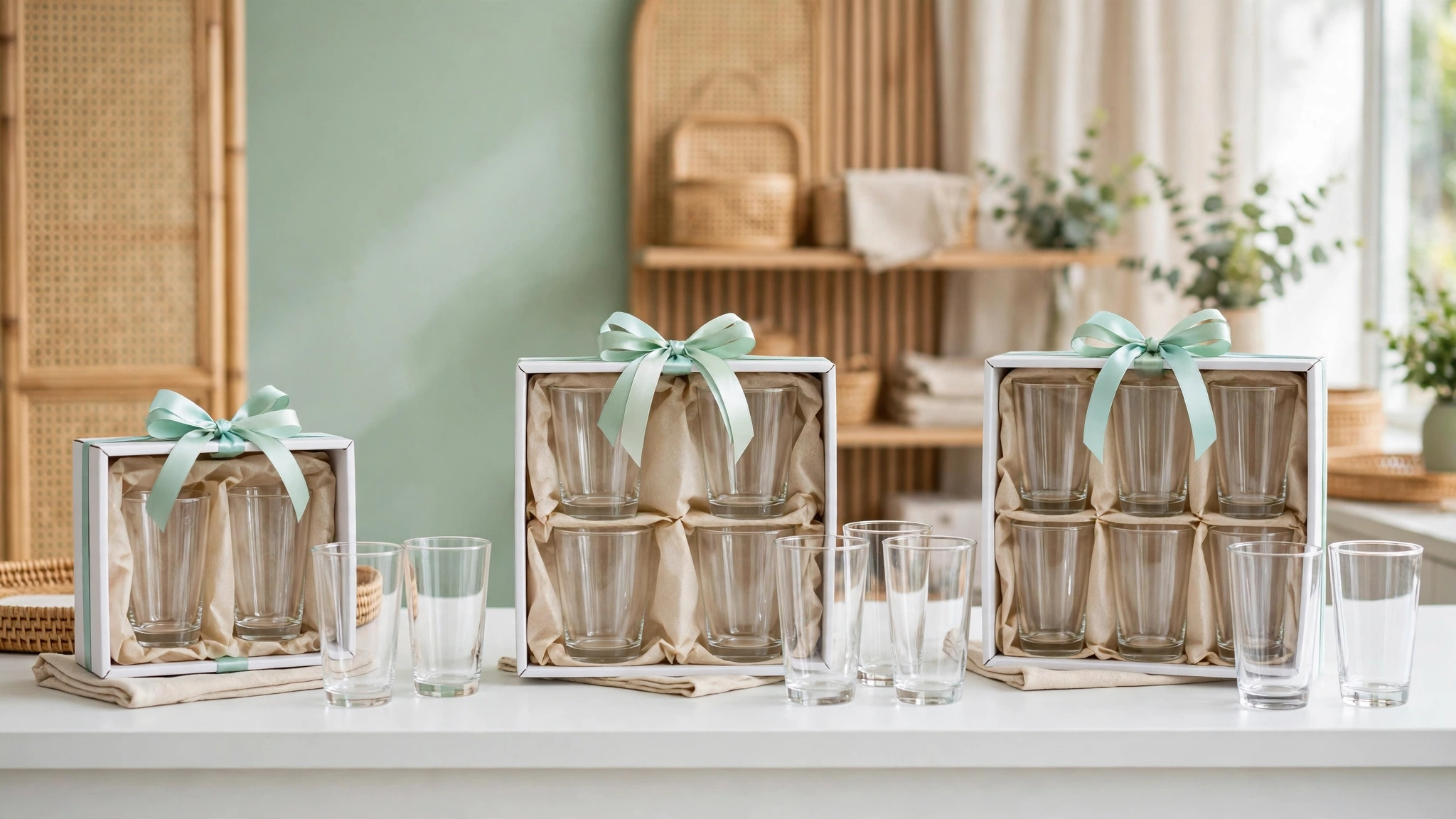 Các bộ ly thủy tinh trong hộp quà có nơ bày trên quầy trưng bày sáng để so sánh khi chọn ly thủy tinh làm quà tặng theo ngân sách