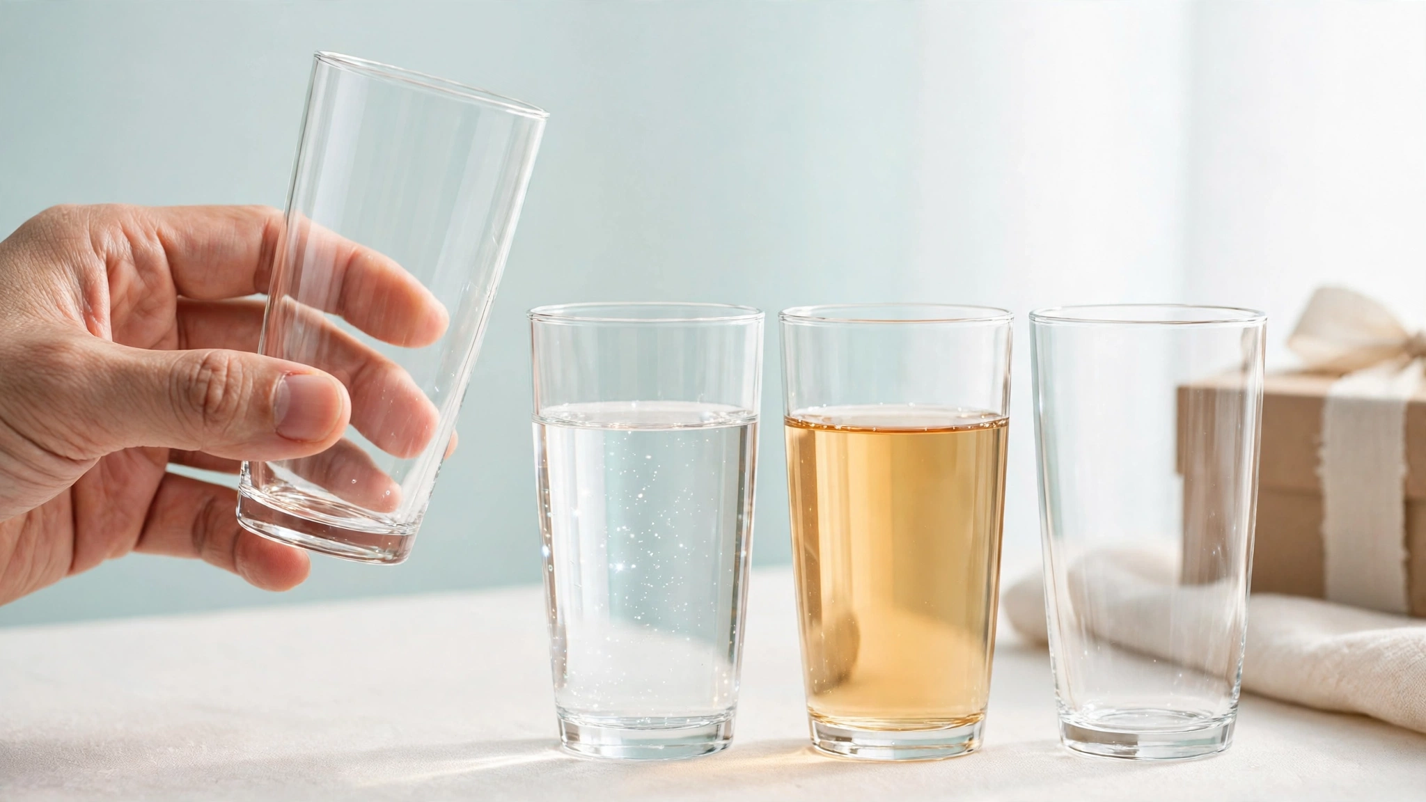 Cận cảnh set ly thủy tinh làm quà trong suốt đựng nước và trà nhạt trên nền trắng xanh aqua