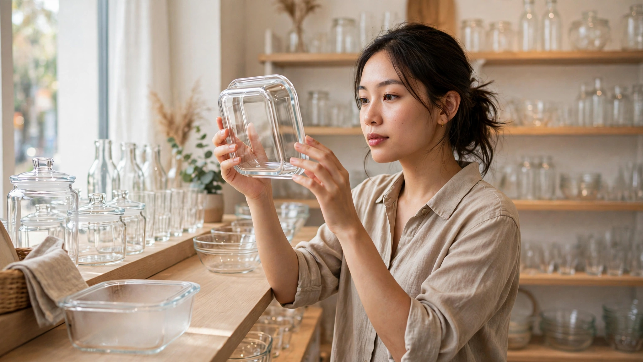 Người phụ nữ kiểm tra độ trong và độ dày của hộp thủy tinh đựng thực phẩm để nhận biết đồ thủy tinh gia dụng an toàn khi chọn mua