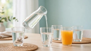 Bộ thủy tinh gia dụng trong suốt gồm bình nước và ly trên bàn ăn sáng, ánh sáng tự nhiên trên nền trắng xanh aqua nhạt