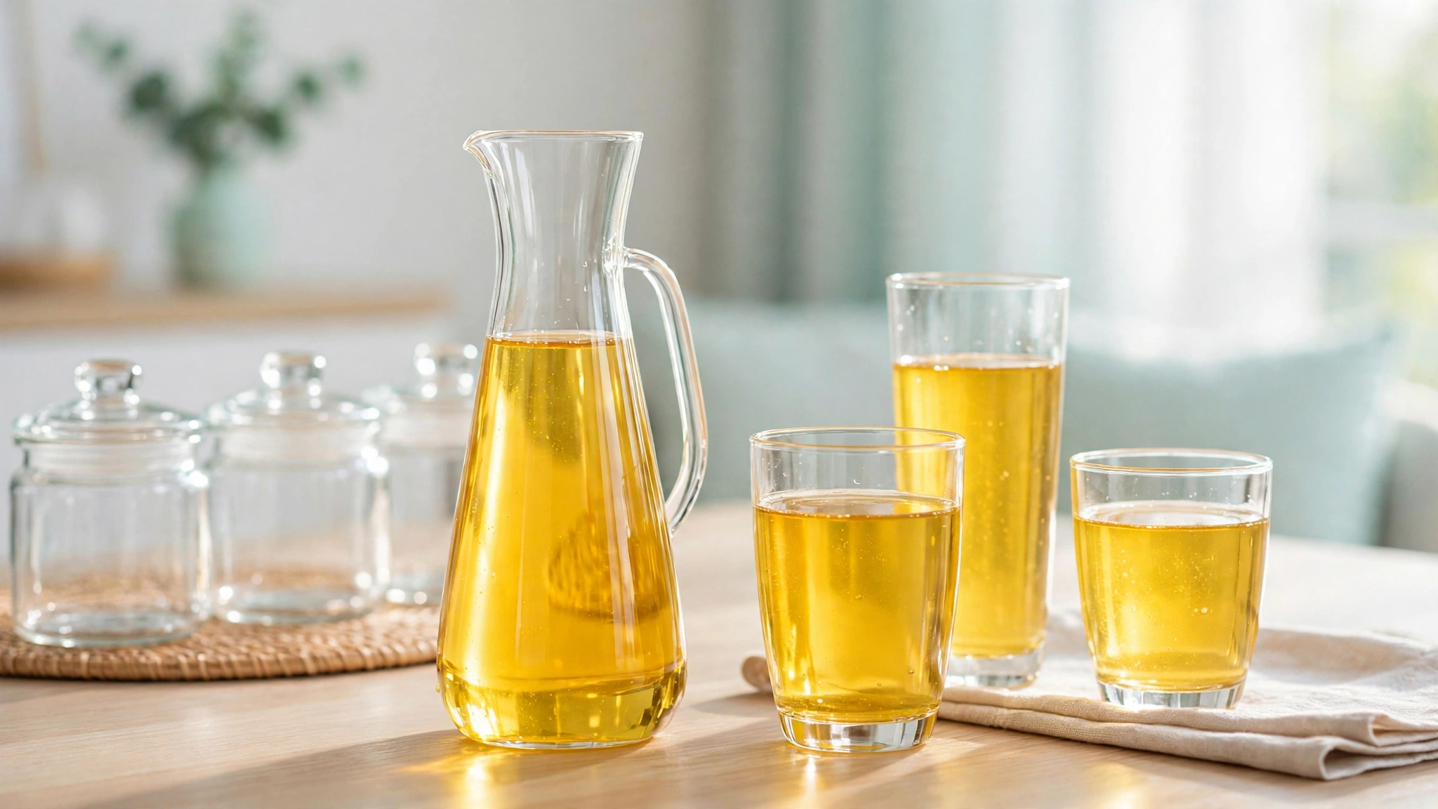 Bộ ly và bình thủy tinh gia dụng trong suốt đựng nước ép vàng mật ong trên bàn ăn sáng nền trắng xanh aqua nhạt