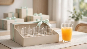 Bộ quà tặng ly thủy tinh cho doanh nghiệp trong suốt đặt trong hộp quà thắt nơ trên bàn ăn sáng màu trắng be, bên cạnh ly nước ép cam
