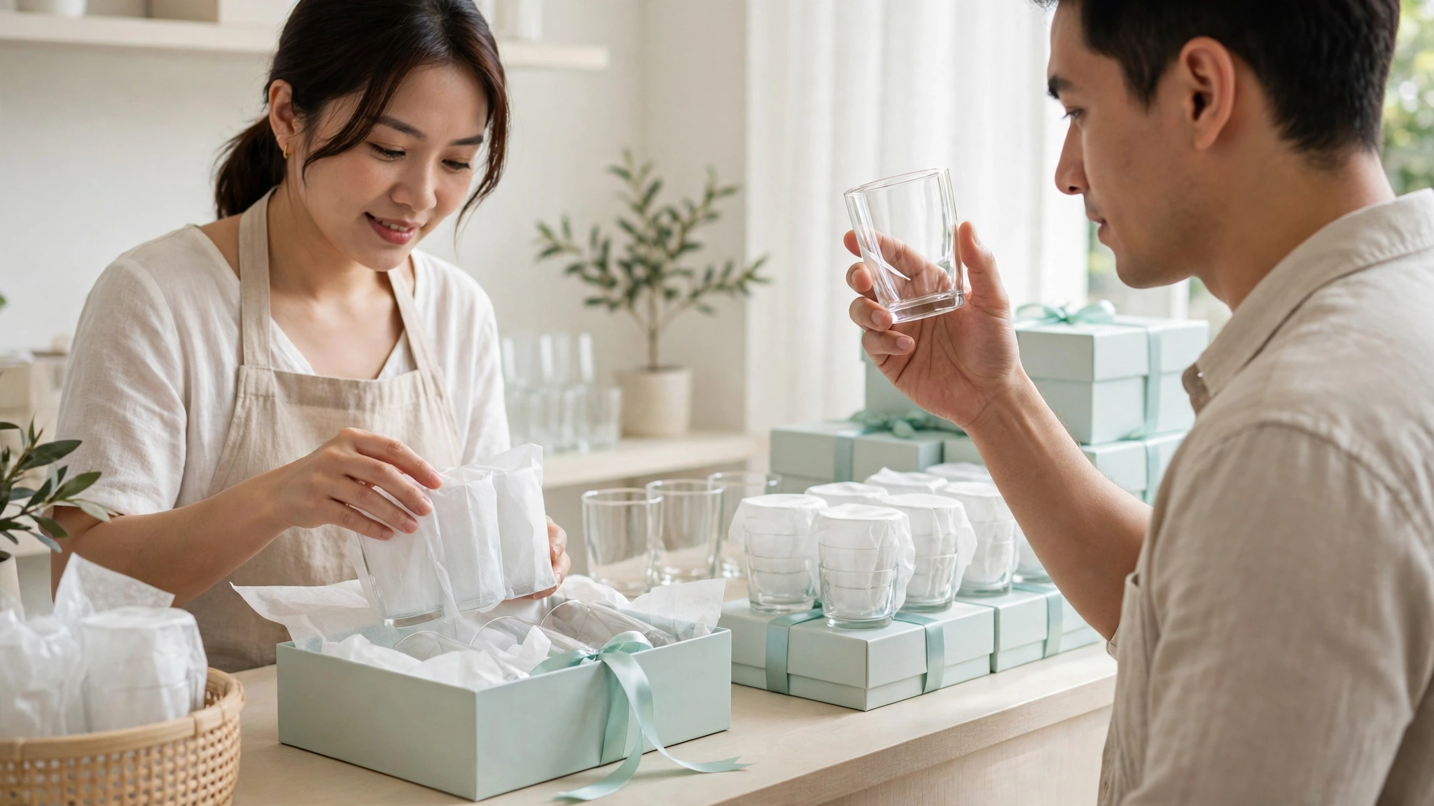 Chọn mẫu và đóng gói từng bộ ly thủy tinh vào hộp quà trên quầy cửa hàng sáng sạch cho đơn hàng doanh nghiệp số lượng lớn