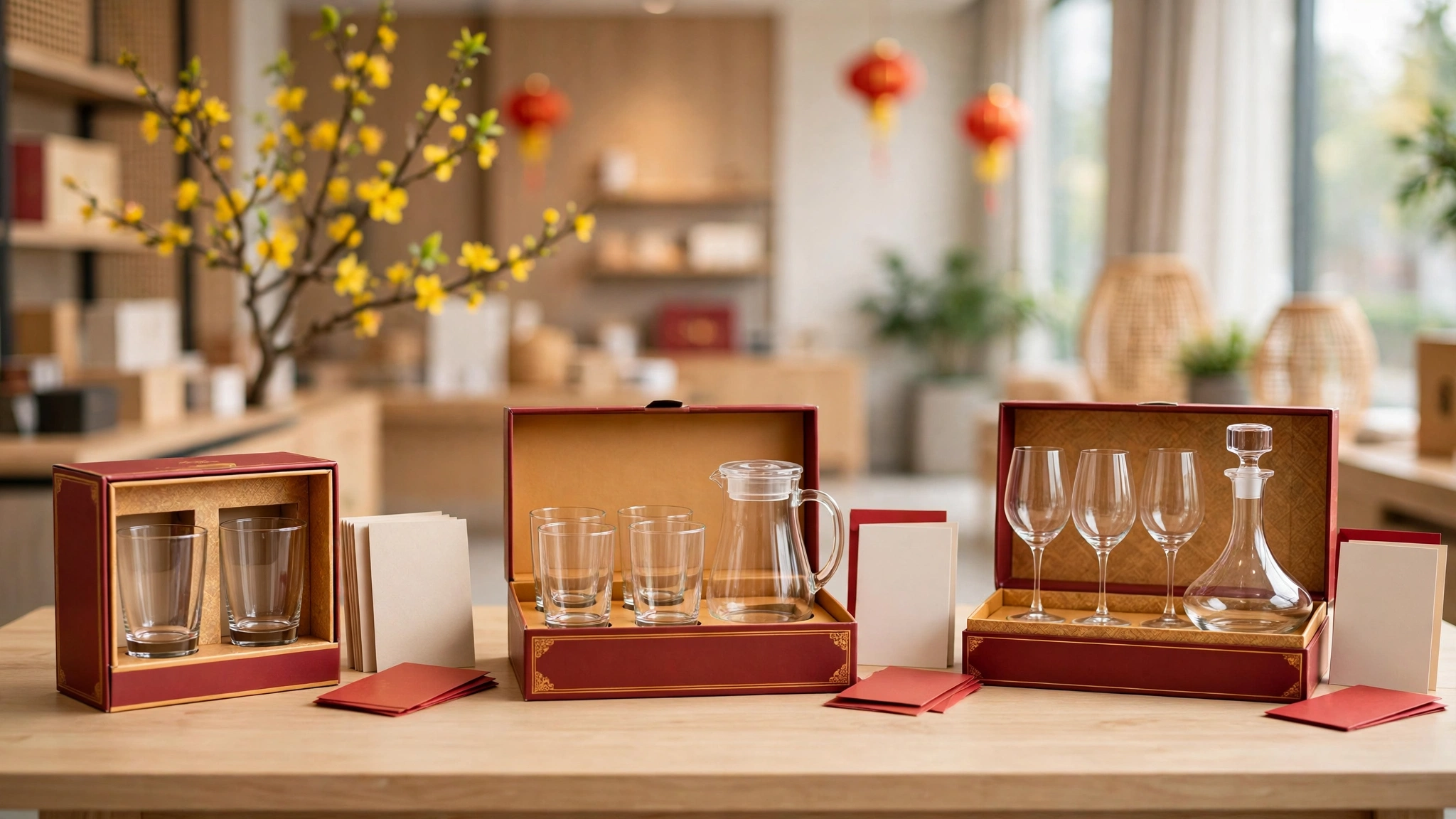 Ba set quà tặng ly thủy tinh dịp Tết từ cơ bản đến cao cấp trong hộp quà đỏ kèm thiệp chúc Tết